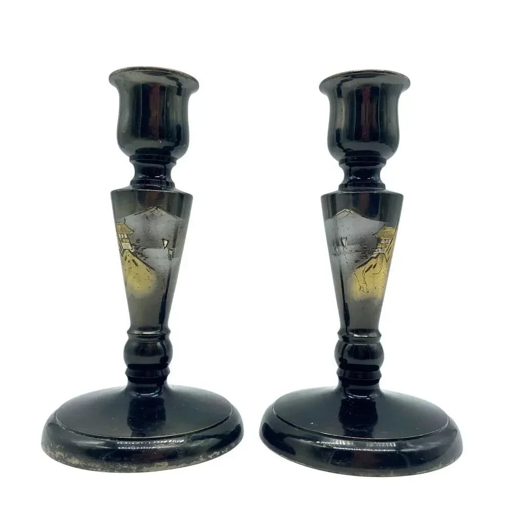 Mid Century Modern Silver Etched Japanese Candlestick Holders Vintage Asian Art